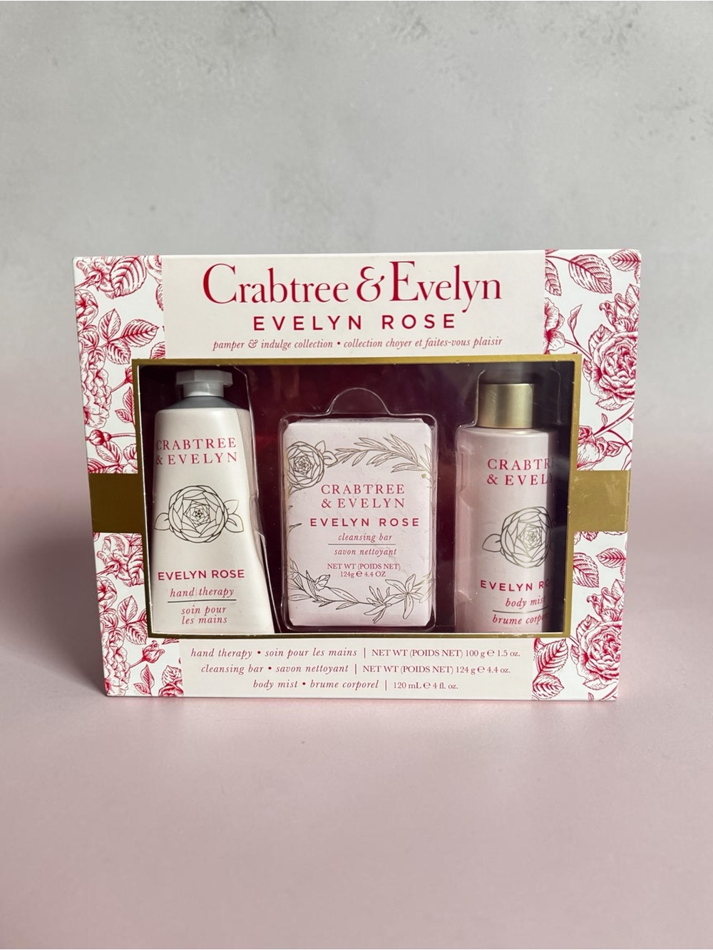 Crabtree & Evelyn Gift Set Evelyn Rose Hand Therapy Cleansing Soap Bar Body Mist